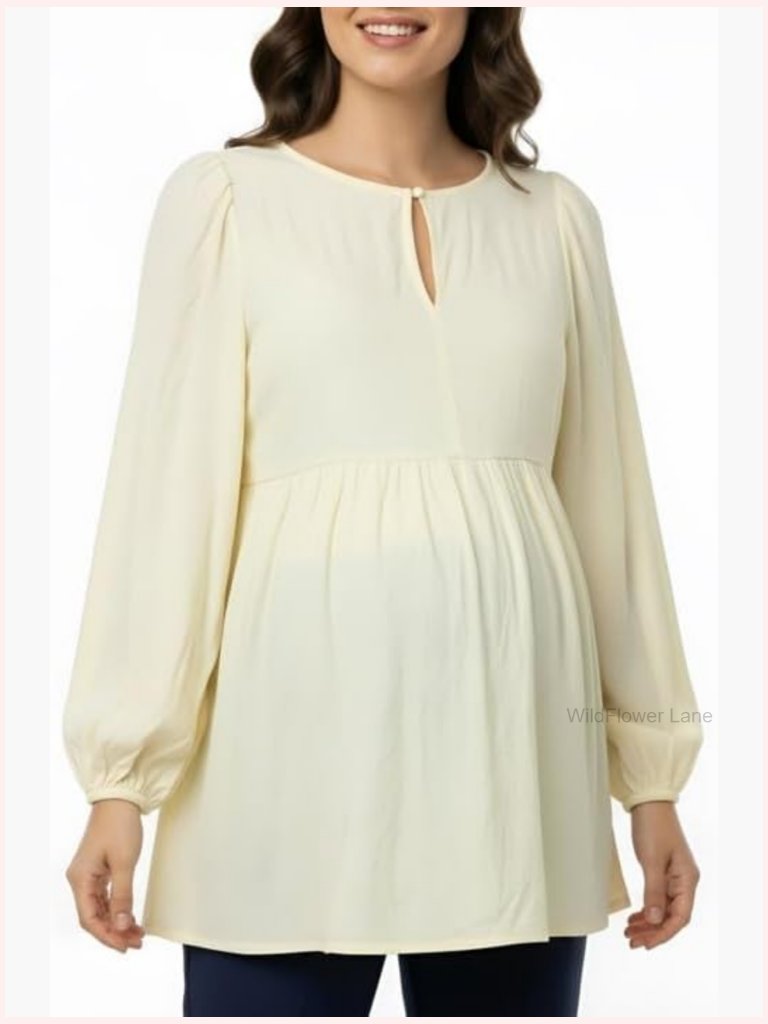 Long Sleeve Empire Waist Keyhole Blouse Maternity Blouse Woven